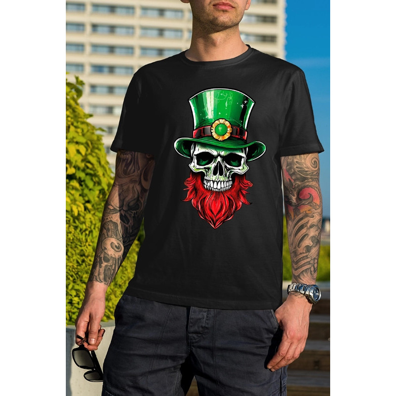 t-shirt noir 100% coton pour homme imprimé d'un crâne avec un chapeau de leprechaun
