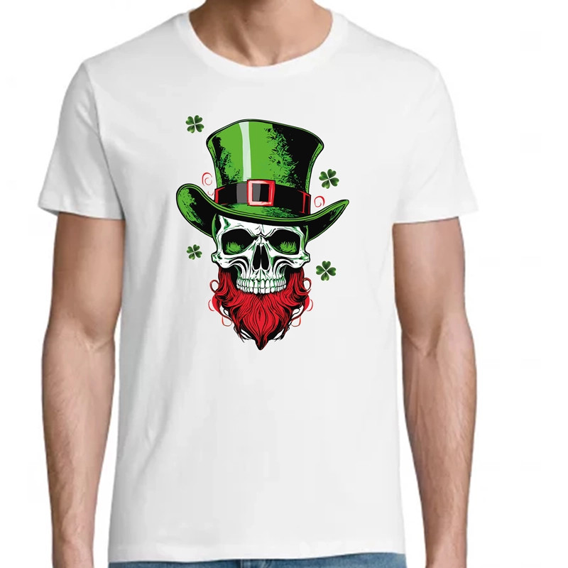 t-shirt blanc 100% coton pour homme imprimé crane saint patrick