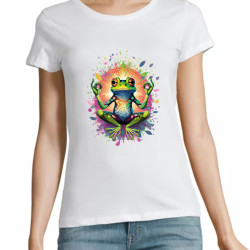t-shirt blanc 100% coton pour femme imprimé d'une grenouille en position de méditation