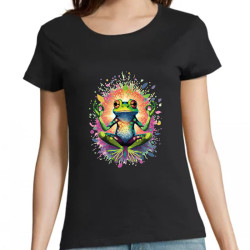 t-shirt noir 100% coton pour femme imprimé d'une grenouille en position de méditation