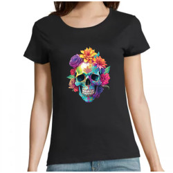 T Shirt Skull Flowers pour femme