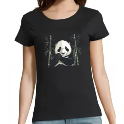 t shirt femme noir un panda mignon au milieu des bambous