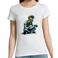 t-shirt blanc pour femme 100% coton  imprimé d'un zombie gamer