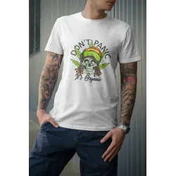t-shirt pour homme don't panic it's organic 100% coton bio couleur blanc imprimé d'un rasta et quelques feuilles de weed